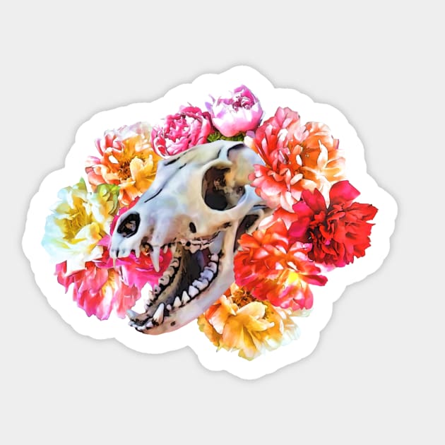 Vixen Skull in peonies bed Sticker by Improgism 